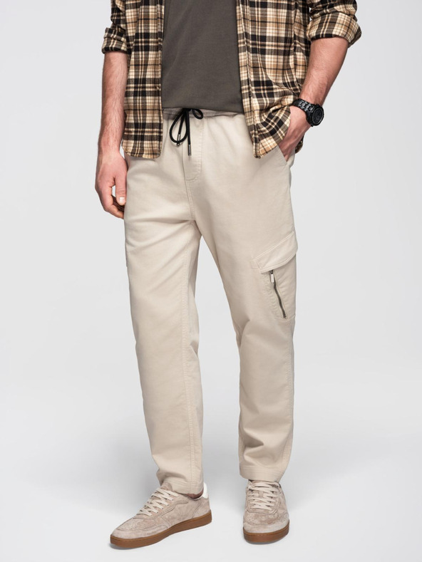 Ombre Clothing Moške pletene trenirke s tovornimi žepi krem barve Ombre Clothing