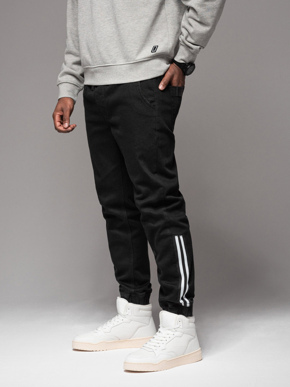 Ombre Clothing Moške športne hlače iz džinsa z obrobo - črne V2 OM-PADJ-0156 Ombre Clothing