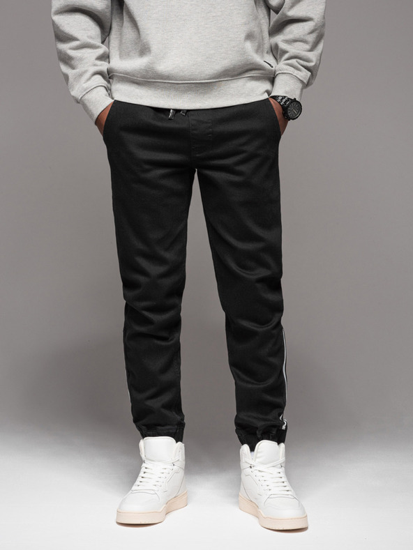 Ombre Clothing Moške športne hlače iz džinsa z obrobo - črne V2 OM-PADJ-0156 Ombre Clothing