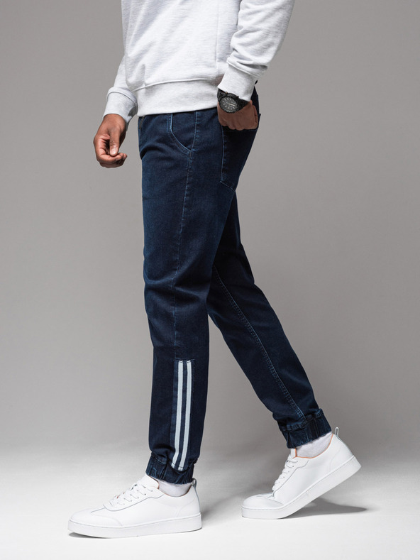 Ombre Clothing Moške športne hlače iz džinsa z obrobo - temno modre V4 OM-PADJ-0156 Ombre Clothing