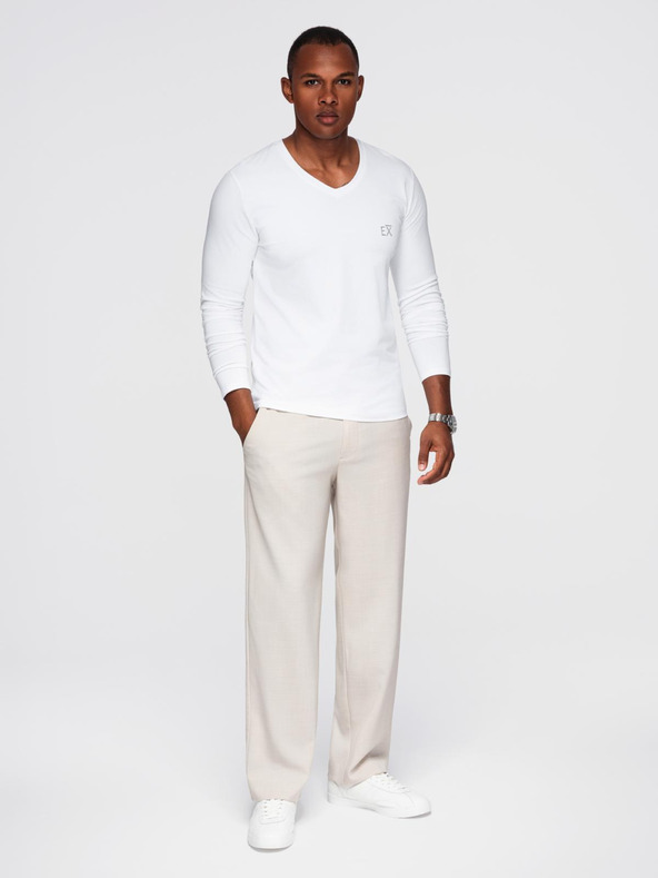 Ombre Clothing Moška majica SLIM FIT z dolgimi rokavi in V-izrezom, elastanom in potiskom bela Ombre Clothing