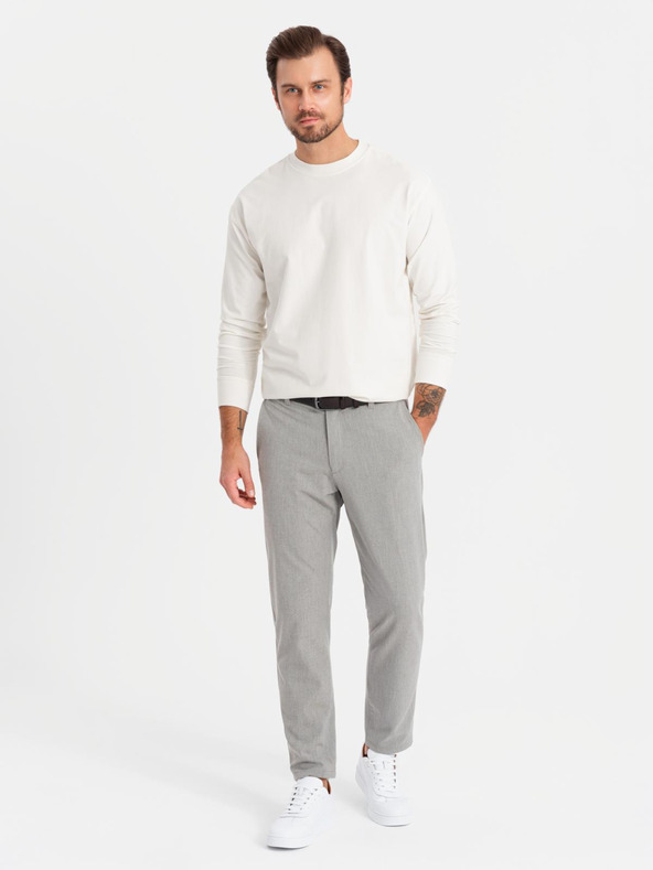 Ombre Clothing Moška bombažna majica LOOSE FIT z dolgimi rokavi in okroglim vratom - krem V2 OM-LSBC-0129 Ombre Clothing