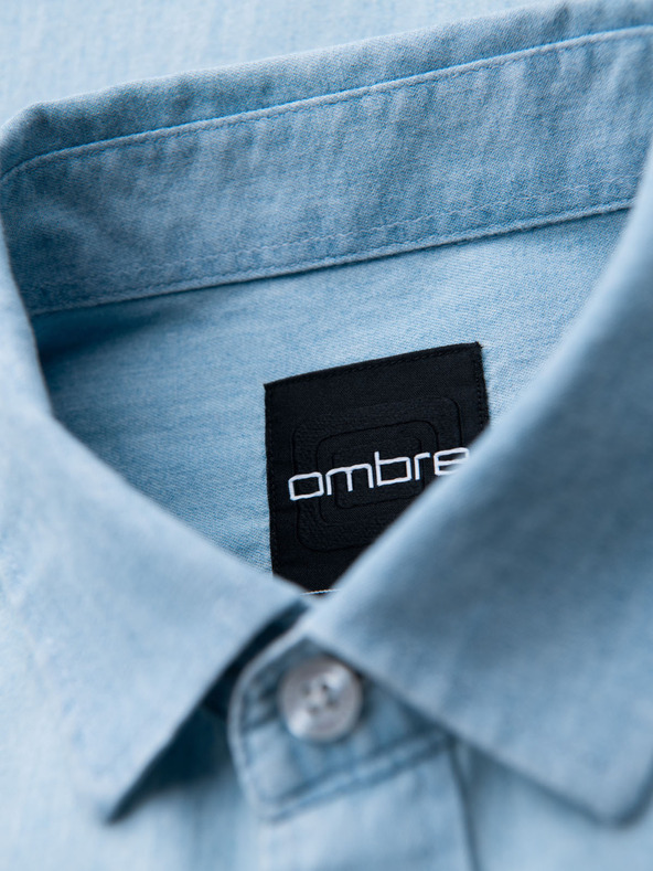 Ombre Clothing Moška majica iz džinsa z izvezenim žepom - svetlo modra Ombre Clothing