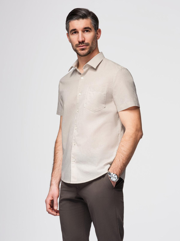 Ombre Clothing Moška srajca s kratkimi rokavi in kubanskim ovratnikom Bež Ombre oblačila