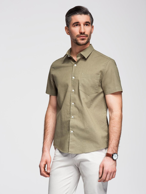 Ombre Clothing Moška srajca s kratkimi rokavi s kubanskim ovratnikom kaki Ombre oblačila