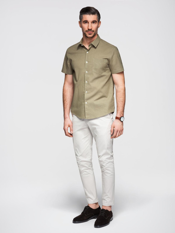 Ombre Clothing Moška srajca s kratkimi rokavi s kubanskim ovratnikom kaki Ombre oblačila