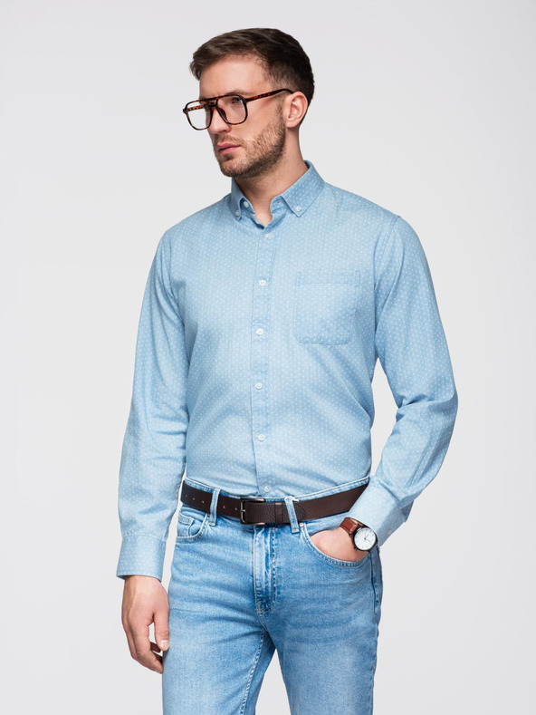 Ombre Clothing Moška srajca iz finega džinsa z vzorcem in žepom - svetlo modra Ombre Clothing