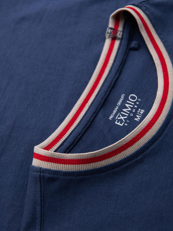 Ombre Clothing Moška bombažna majica z dolgimi rokavi, progastim U-izrezom in vezenim napisom Ombre Clothing