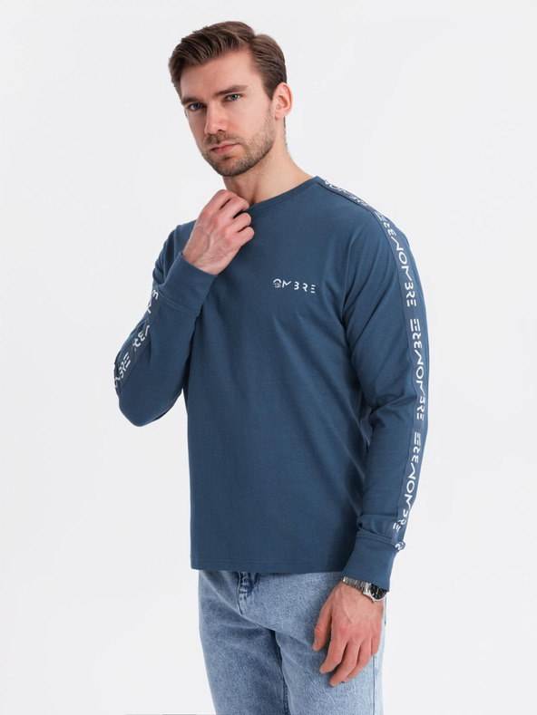 Ombre Clothing Moška bombažna majica z dolgimi rokavi, obrobjem inotiskom na prsih Ombre Clothing