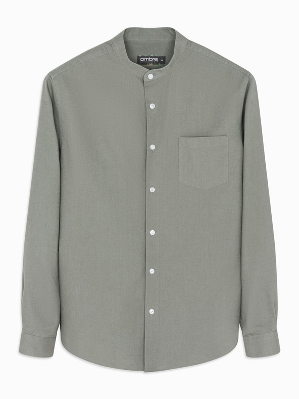 Ombre Clothing Moška platnen srajca z stoječim ovratnikom in žepom REGULAR FIT - khaki
