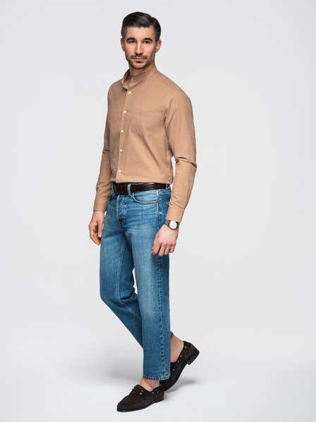 Ombre Clothing Moška platnen srajca z stoječim ovratnikom in žepom REGULAR FIT - svetlo rjava