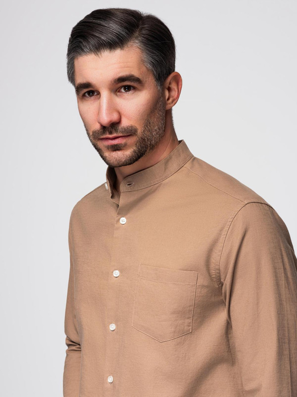 Ombre Clothing Moška platnen srajca z stoječim ovratnikom in žepom REGULAR FIT - svetlo rjava