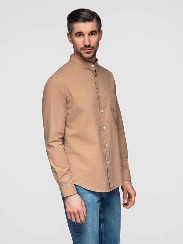 Ombre Clothing Moška platnen srajca z stoječim ovratnikom in žepom REGULAR FIT - svetlo rjava