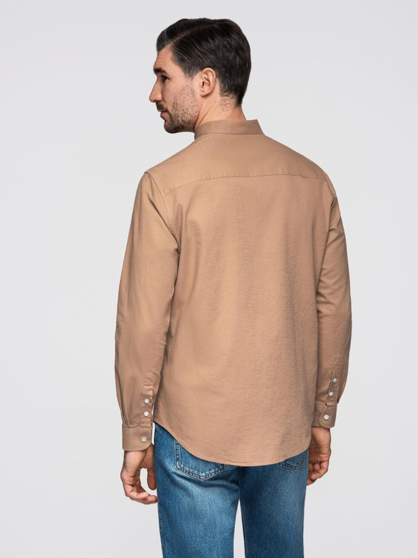 Ombre Clothing Moška platnen srajca z stoječim ovratnikom in žepom REGULAR FIT - svetlo rjava
