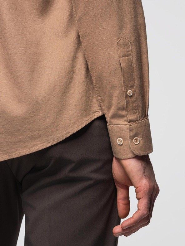 Ombre Clothing Moška lanena srajca s klasičnim ovratnikom in žepi REGULAR FIT - svetlo rjava