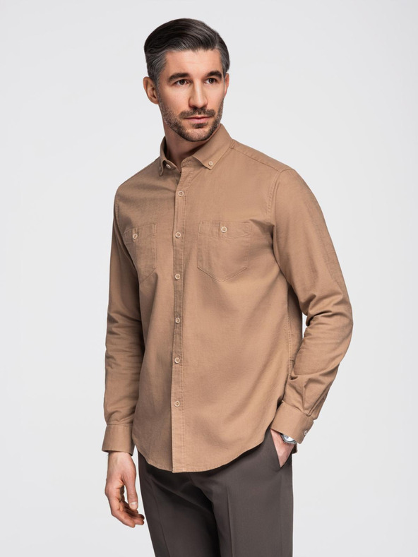 Ombre Clothing Moška lanena srajca s klasičnim ovratnikom in žepi REGULAR FIT - svetlo rjava