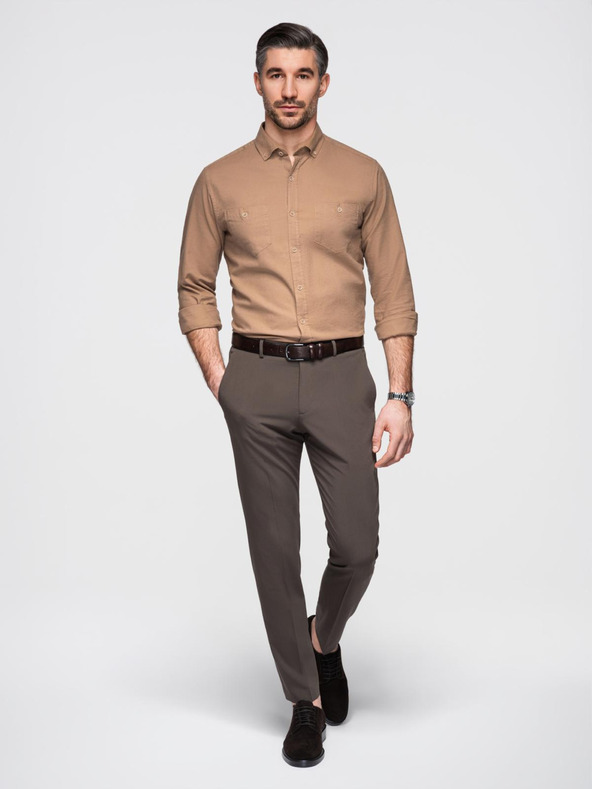 Ombre Clothing Moška lanena srajca s klasičnim ovratnikom in žepi REGULAR FIT - svetlo rjava