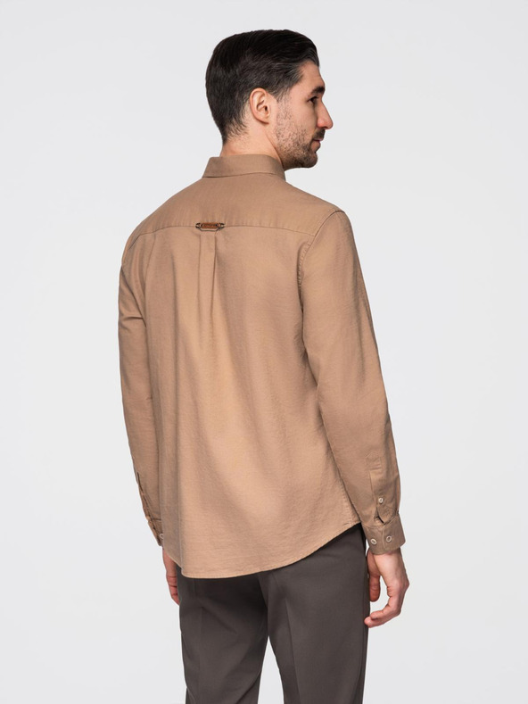 Ombre Clothing Moška lanena srajca s klasičnim ovratnikom in žepi REGULAR FIT - svetlo rjava