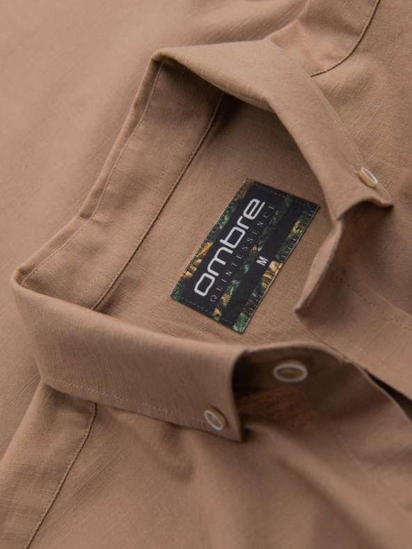 Ombre Clothing Moška lanena srajca s klasičnim ovratnikom in žepi REGULAR FIT - svetlo rjava