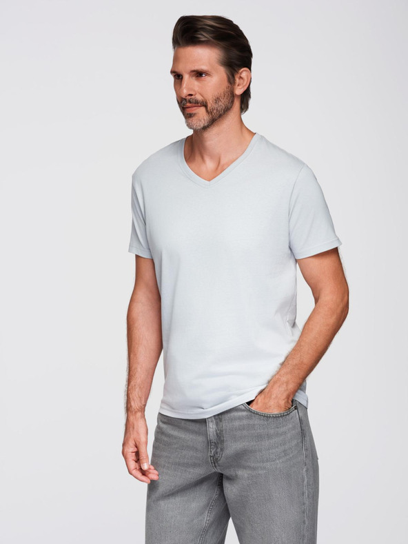 Ombre Clothing Moška klasična bombažna majica BASIC z izrezom - svetlo siva