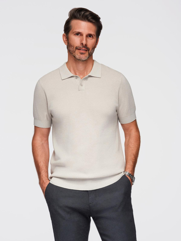 Ombre Clothing Moška bombažna polo majica iz strukturirane pletenine - bež