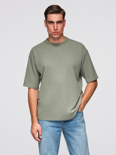 Ombre Clothing Moška bombažna majica LOOSE FIT z okroglim izrezom - khaki