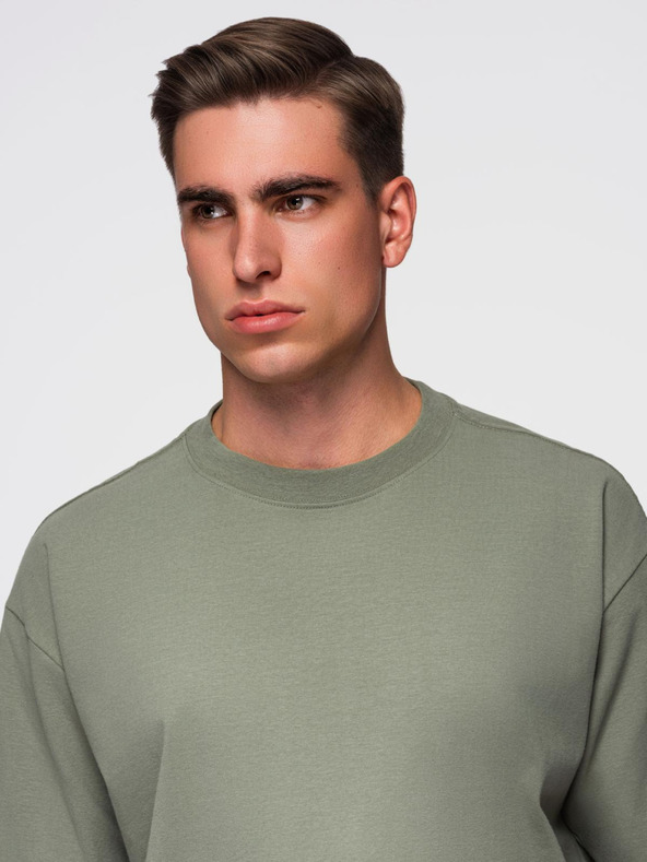 Ombre Clothing Moška bombažna majica LOOSE FIT z okroglim izrezom - khaki