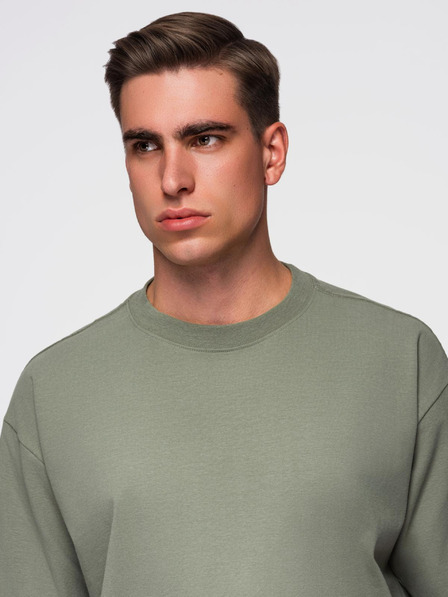 Ombre Clothing Moška bombažna majica LOOSE FIT z okroglim izrezom - khaki