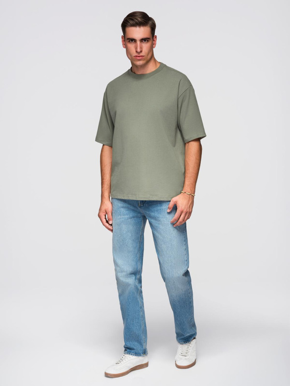 Ombre Clothing Moška bombažna majica LOOSE FIT z okroglim izrezom - khaki