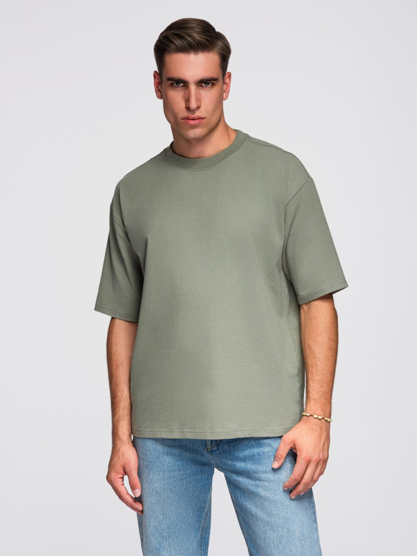 Ombre Clothing Moška bombažna majica LOOSE FIT z okroglim izrezom - khaki