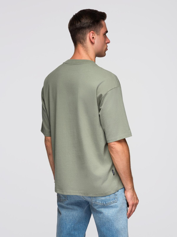 Ombre Clothing Moška bombažna majica LOOSE FIT z okroglim izrezom - khaki
