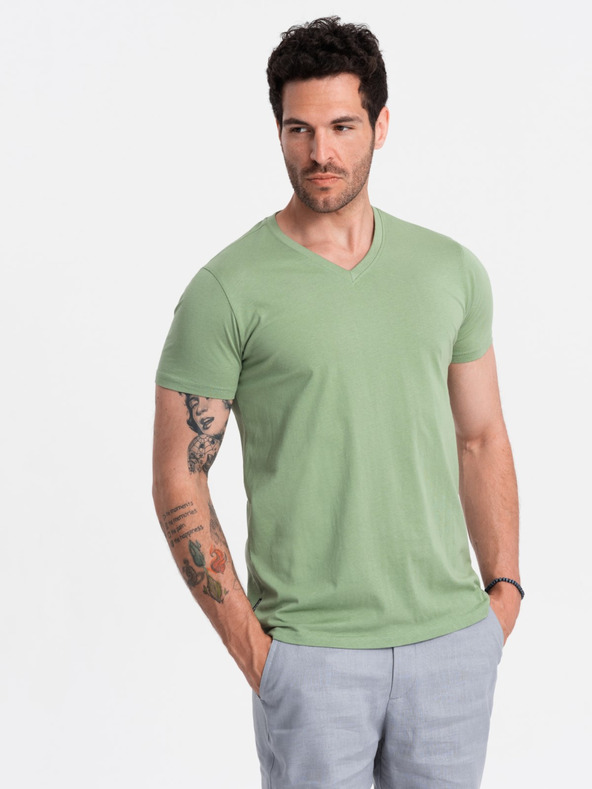 Ombre Clothing Klasična bombažna moška majica BASIC z V-izrezom - zelena V11 OM-TSBS-0145 Ombre Clothing