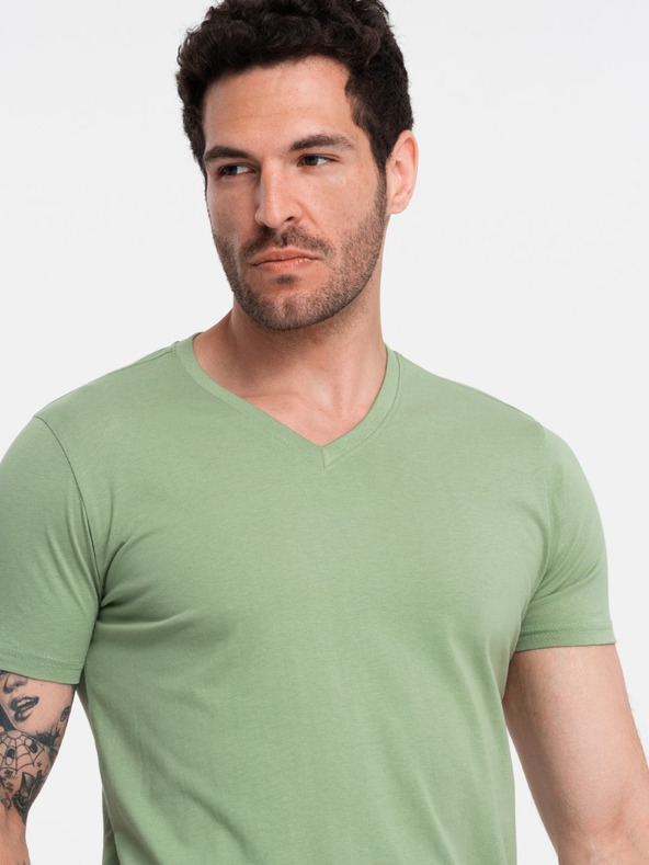Ombre Clothing Klasična bombažna moška majica BASIC z V-izrezom - zelena V11 OM-TSBS-0145 Ombre Clothing