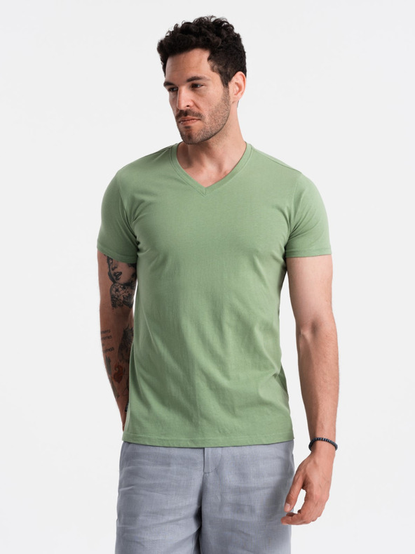 Ombre Clothing Klasična bombažna moška majica BASIC z V-izrezom - zelena V11 OM-TSBS-0145 Ombre Clothing
