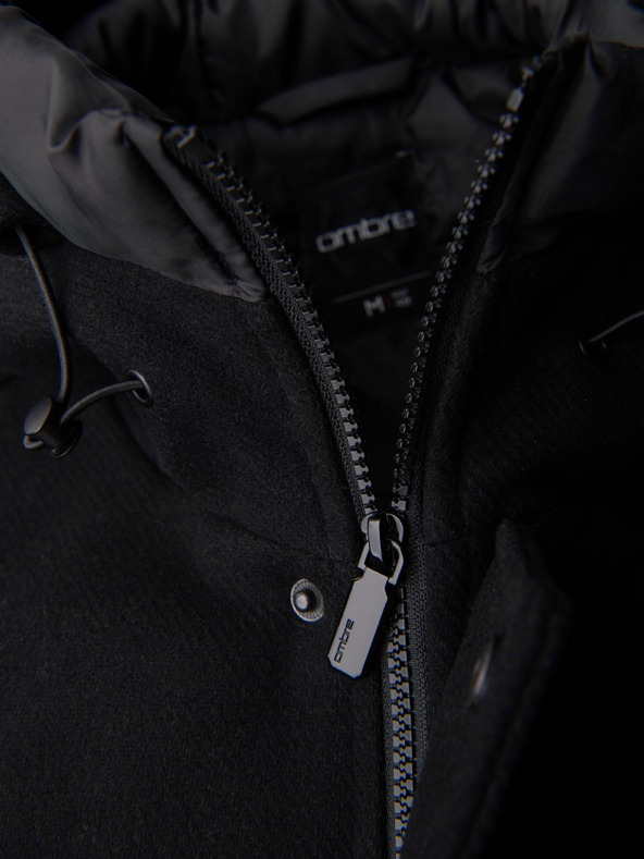 Ombre Clothing Moški volneni plašč parka s kapuco - črn V1 OM-COWC-0132 Ombre Clothing
