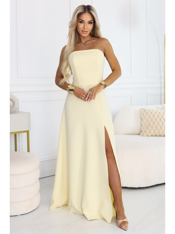 numoco ELARA Korzetne dolge obleke s razporkom in vezanjem na hrbtu - masleno rumena