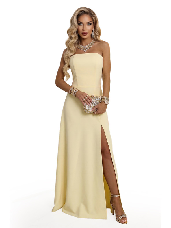 numoco ELARA Korzetne dolge obleke s razporkom in vezanjem na hrbtu - masleno rumena