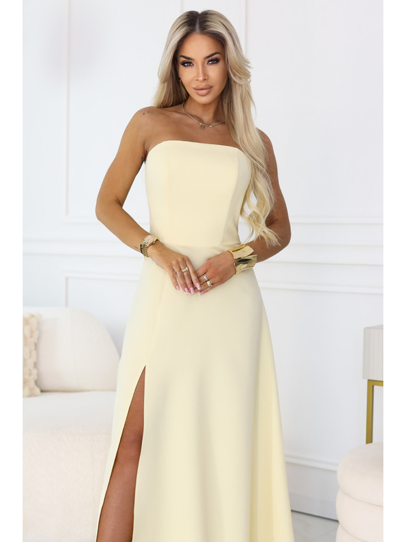 numoco ELARA Korzetne dolge obleke s razporkom in vezanjem na hrbtu - masleno rumena