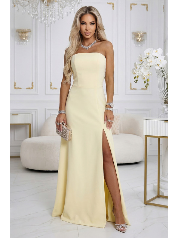 numoco ELARA Korzetne dolge obleke s razporkom in vezanjem na hrbtu - masleno rumena