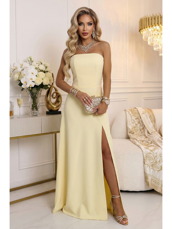 numoco ELARA Korzetne dolge obleke s razporkom in vezanjem na hrbtu - masleno rumena