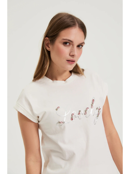 Moodo Majica s potiskom in perličkami bela Moodo