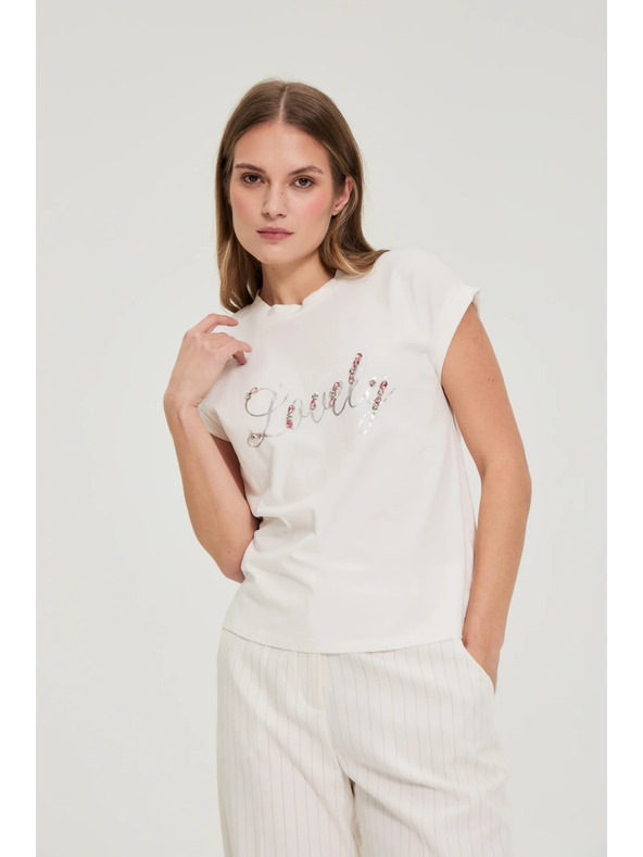 Moodo Majica s potiskom in perličkami bela Moodo