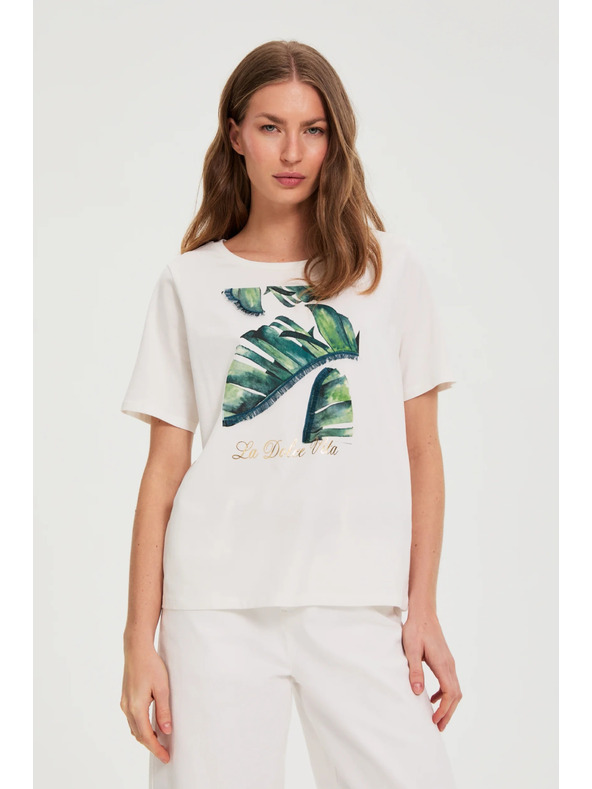 Moodo Bombažna bluza s potiskom bele barve Moodo