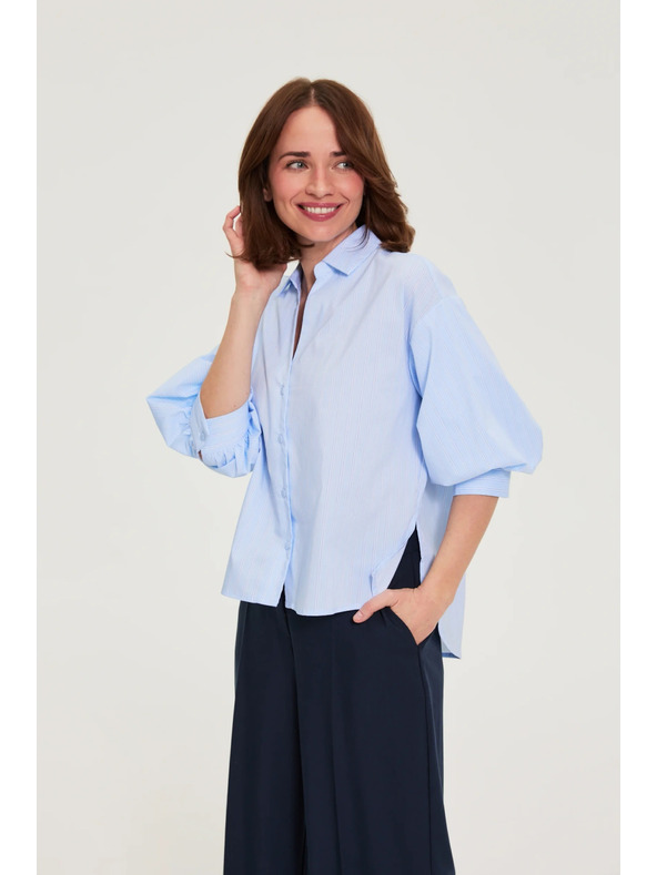 Moodo Črtasto srajco z bufastimi rokavi svetlo modra Moodo