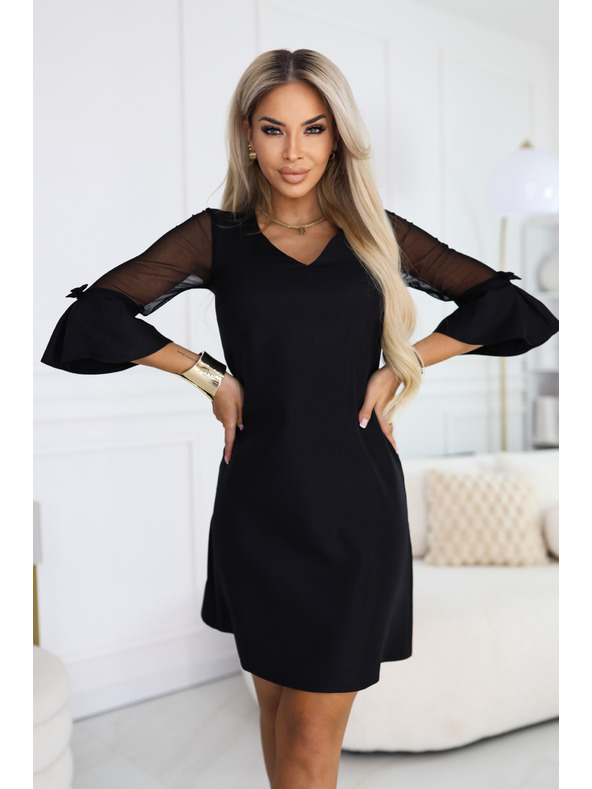 numoco Trapezasta bleščeča obleka s tstilsko tkanino in V izrezom - črna