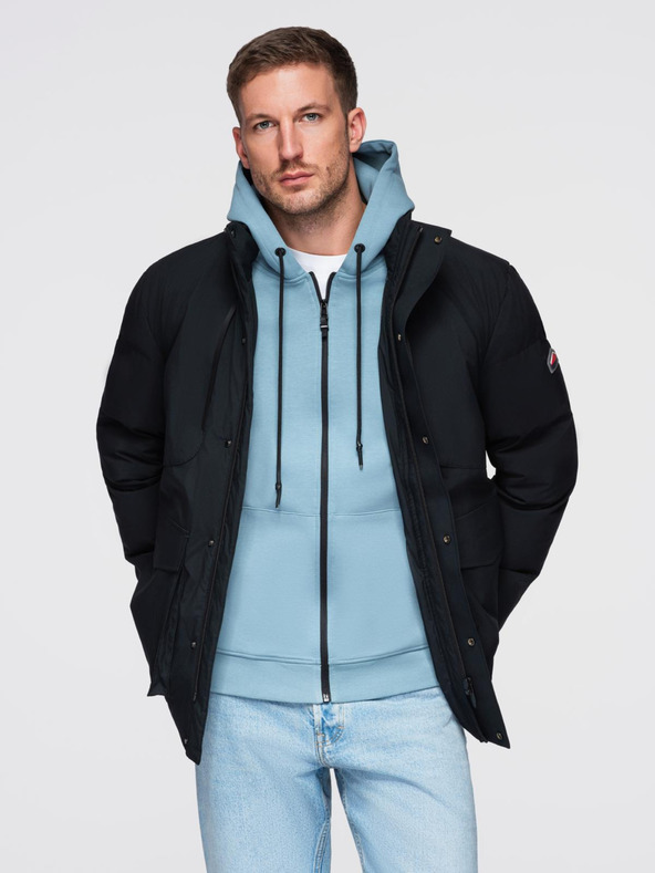 Ombre Clothing Moška zimska jakna z nepremočljive tkanine s snemljivo kapuco - črna V3 OM-JAHP-0306 Ombre Clothing