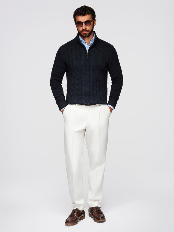 Ombre Clothing Moški karirani pleteni pulover z zadrgo - črn V2 OM-SWZS-0138 Ombre Clothing