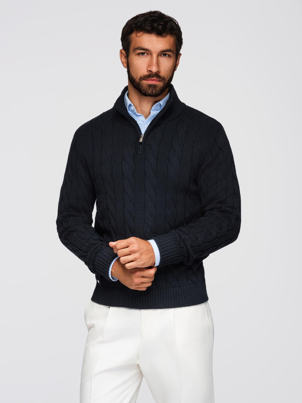 Ombre Clothing Moški karirani pleteni pulover z zadrgo - črn V2 OM-SWZS-0138 Ombre Clothing