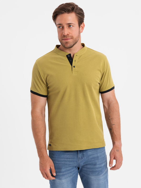 Ombre Clothing Moške prosto časne majice s izrezom henley in kontrastnim robom - olivna barva V11 OM-TSCT-0156 Ombre Clothing