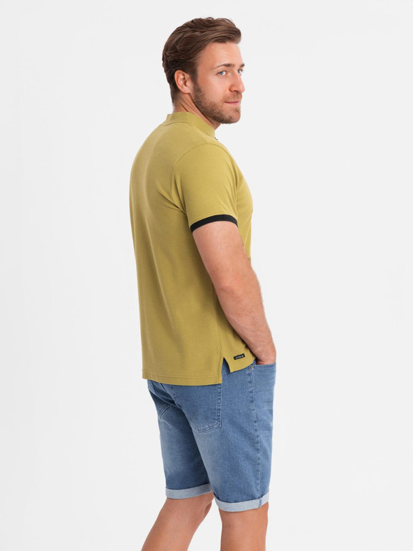 Ombre Clothing Moške prosto časne majice s izrezom henley in kontrastnim robom - olivna barva V11 OM-TSCT-0156 Ombre Clothing